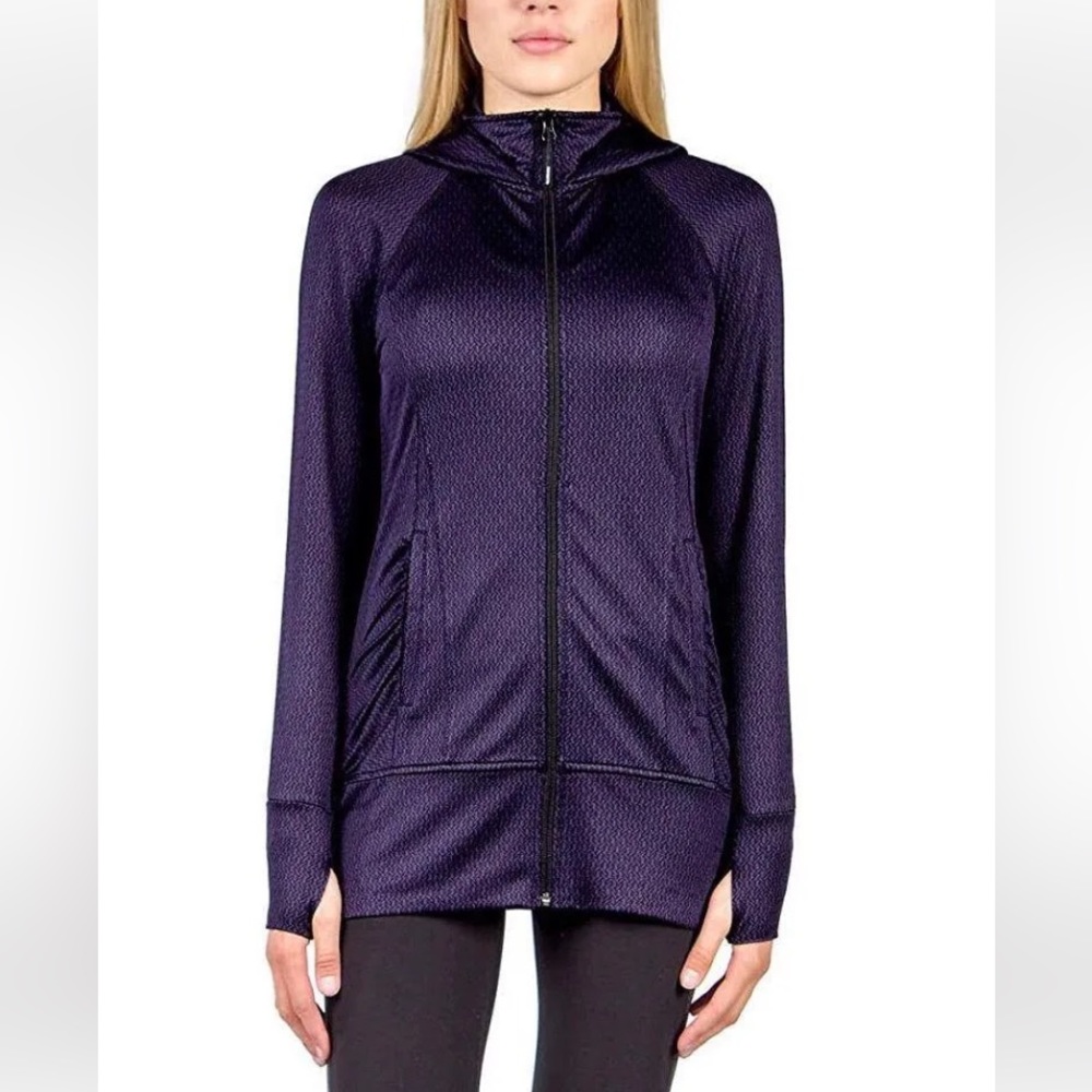 Mondetta Dark Purple Herringbone Long Hooded Zip-Up Athletic Jacket w/Thumbholes